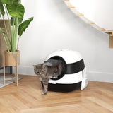 Dome Covered Cat Litter Box with Lid – Enclosed Privacy Cat Toilet with Odor Control, Litter Scoop & Anti-Tracking Grate (Black & White)